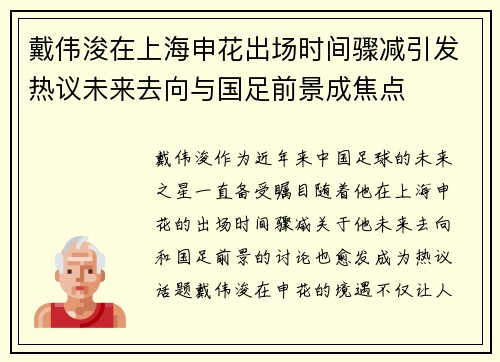 戴伟浚在上海申花出场时间骤减引发热议未来去向与国足前景成焦点